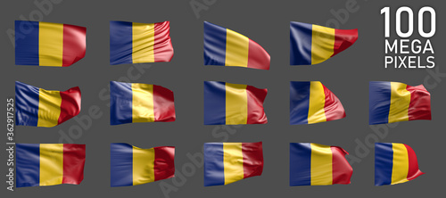 Romania flag isolated - various images of the waving flag on grey background - object 3D illustration