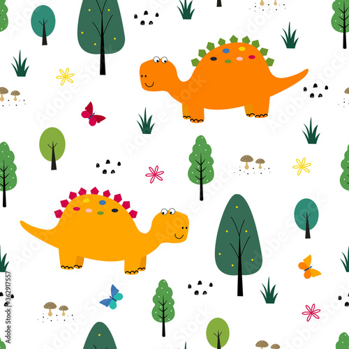 Dinosaur pattern seamless background cartoon cute animals and nature Hand drawn in child style