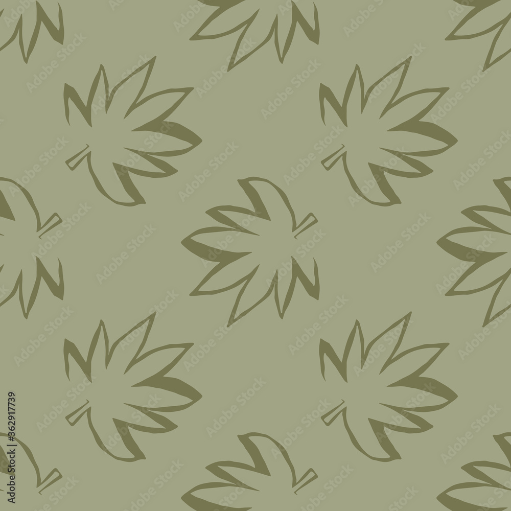Fototapeta premium Seamless pattern outline marijuana leaves. Grey background with brown elements.