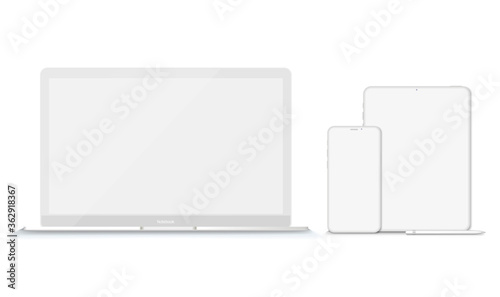 Set of modern clay devices mockups: laptops, tablet phone. Vector illustration photo