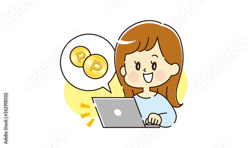 パソコンでポイントコインをゲットする女性イラスト（ベクター）