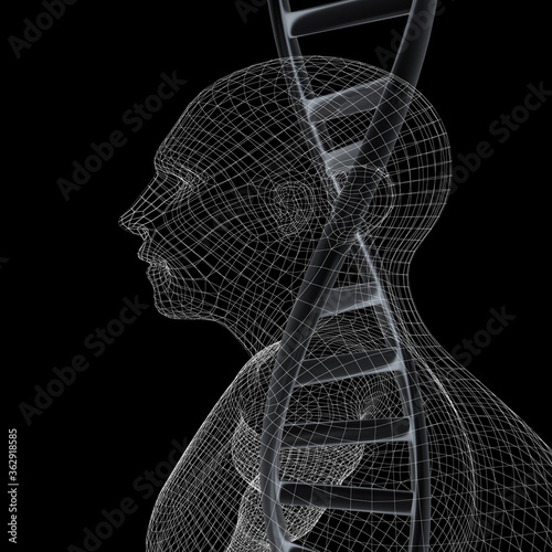3D medical background with DNA strands and human. 3d render. On a black background.