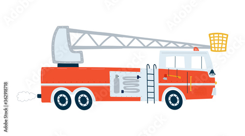 Red fire truck isolated on a white background in flat style. Icons kids cars for design of children's rooms, clothing, textiles. Vector illustration