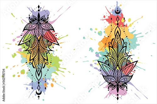Lotus ornamental flower and Sacred Geometry. Unamole hindu symbol of wisdom. Set of tattoo flesh, yoga logo, Buddhism design. Boho print Isolated vector illustration indian paisley 
blots of paint