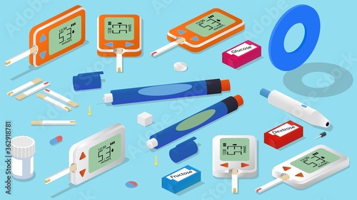 Isometric glucose monitoring set. Glucometer, insulin pen, test strips, lancet, pills, sugar cube and blue symbol for diabetes.