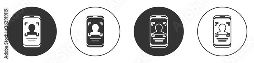 Black Mobile phone and face recognition icon isolated on white background. Face identification scanner icon. Facial id. Cyber security. Circle button. Vector.