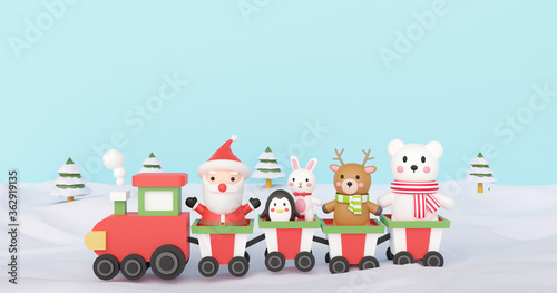 Merry Christmas and Happy New Year, Christmas background with cute Santa clause and friend standing on a train . 3d rendering . © Nattapohn