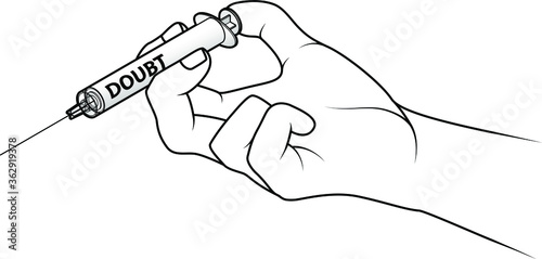 Hand holding a syringe. Concept: injecting doubt.