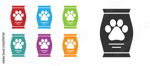 Black Bag of food for dog icon isolated on white background. Dog or cat paw print. Food for animals. Pet food package. Set icons colorful. Vector.