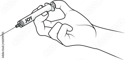 Hand holding a syringe. Concept: injecting joy.