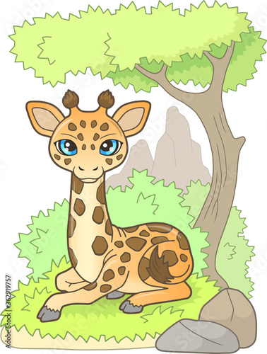 little cute giraffe lies on the grass  funny illustration