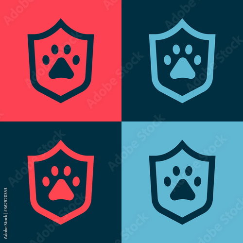 Pop art Animal health insurance icon isolated on color background. Pet protection concept. Dog or cat paw print. Vector.