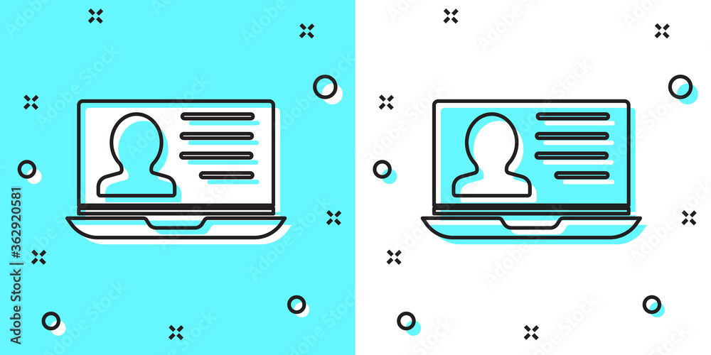 Black line Laptop with resume icon isolated on green and white background. CV application. Searching professional staff. Analyzing personnel resume. Random dynamic shapes. Vector. Black line Laptop with resume icon isolated on green and white background. CV application. Searching professional staff. Analyzing personnel resume. Random dynamic shapes. Vector.