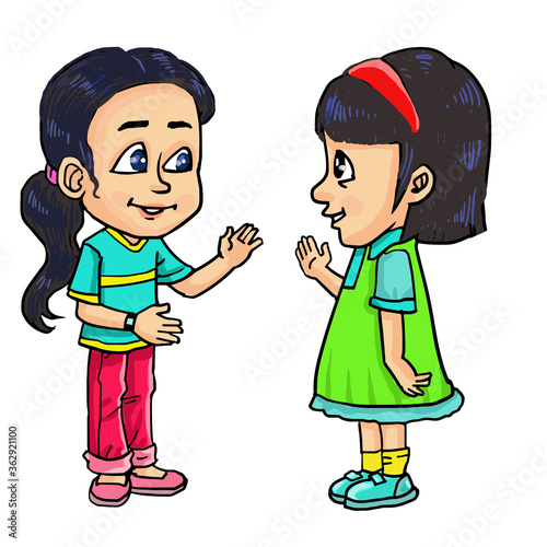 Cartoon two cute girls standing smiling and talking.