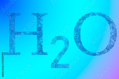 the inscription water formula "H2O" made of blue bubbles on a blue background