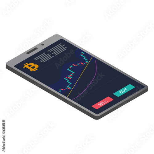 Isometric smartphone with bitcoin chart and buy and sell buttons isolated on white. Japanese candles on the chart. For websites or applications on the phone. Vector EPS 10.