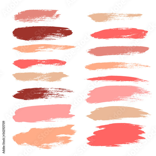 Makeup strokes, Set of lipstick swatches, Beauty and cosmetic nude, pink and red brush smudges vector background. smear make up lines collection, liquid make up texture isolated on white.