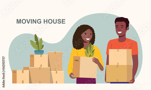Afro American man and woman hold boxes. Moving house.  Vector flat style illustration