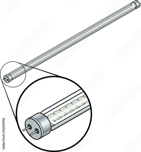 An LED tube "fluorescent" lamp with an array of LED elements. Inset shows magnified detail.