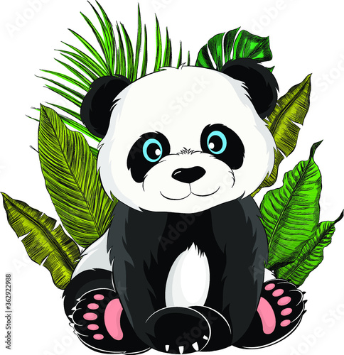 Fototapeta Naklejka Na Ścianę i Meble -  cartoon Panda with palm leaves vector illustration print