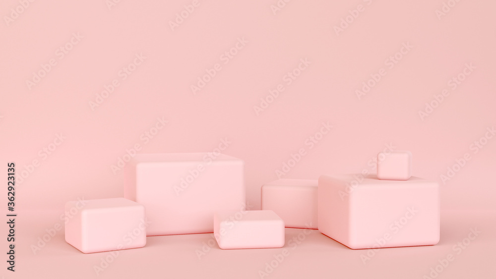 Minimalist blank scene with squares, modern graphic design, pastel pink colors, box shape display design. Pink empty room, geometric shapes, stands, empty walls, realistic 3d render illustration.