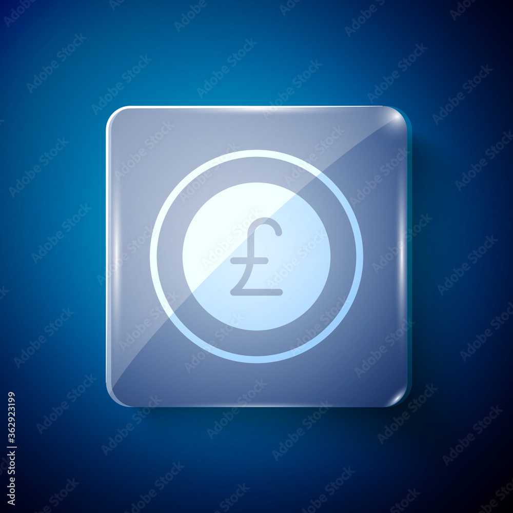 White Coin money with pound sterling symbol icon isolated on blue background. Banking currency sign. Cash symbol. Square glass panels. Vector. White Coin money with pound sterling symbol icon isolated on blue background. Banking currency sign. Cash symbol. Square glass panels. Vector.