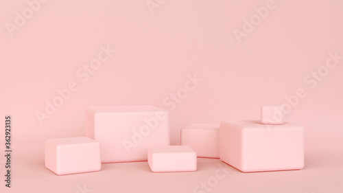 Minimalist blank scene with squares, modern graphic design, pastel pink colors, box shape display design. Pink empty room, geometric shapes, stands, empty walls, realistic 3d render illustration. © winvic