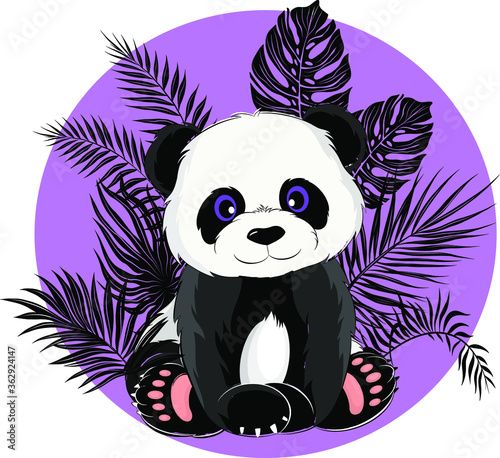 cartoon Panda with palm leaves on a purple background