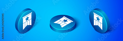 Isometric American flag icon isolated on blue background. Flag of USA. United States of America. Blue circle button. Vector.