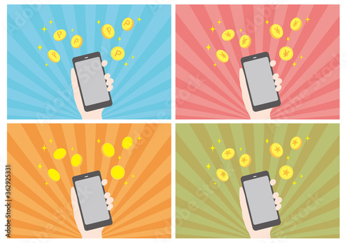 スマホでポイントやマネーをゲットしているイラスト
