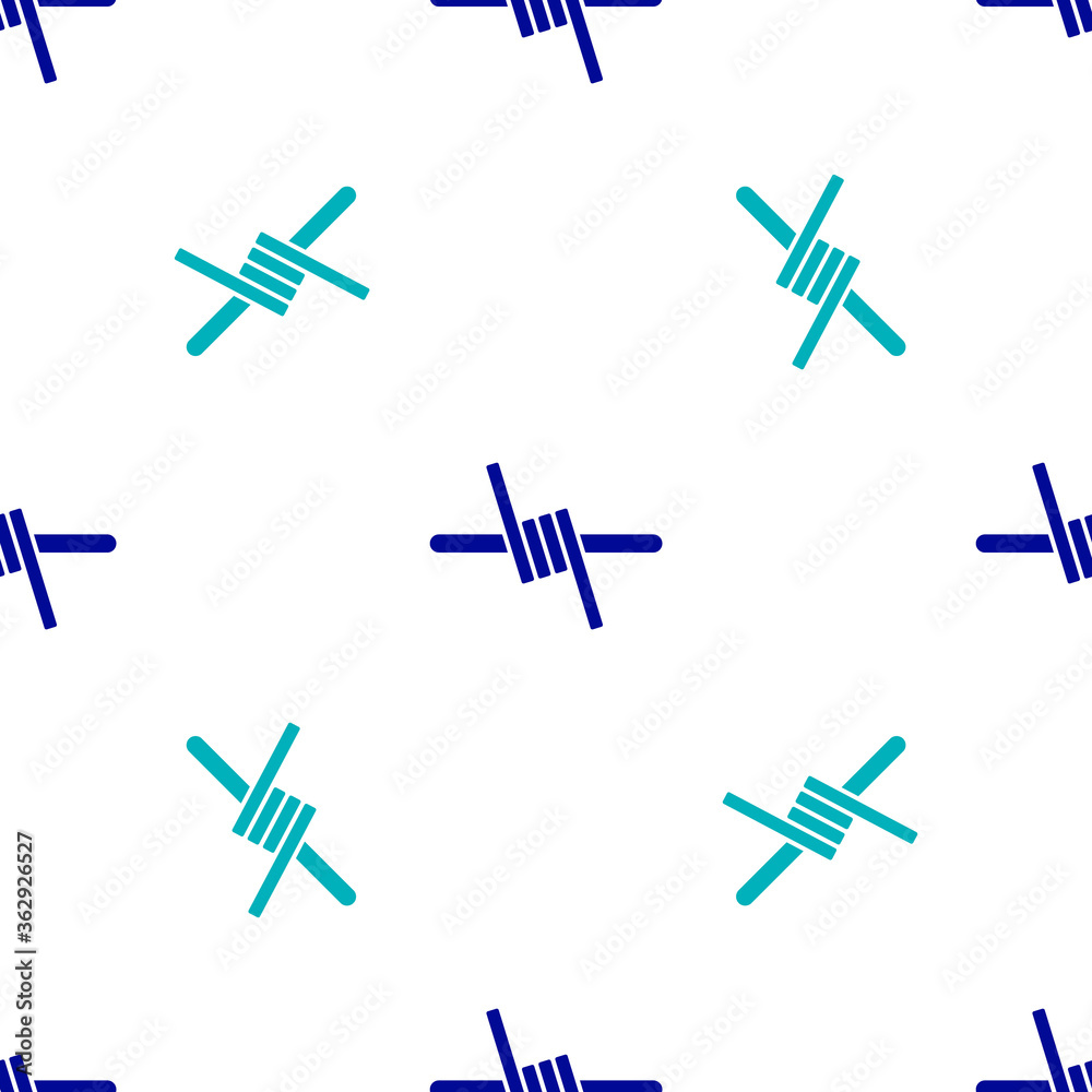 Blue Barbed wire icon isolated seamless pattern on white background. Vector.