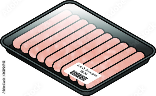 A tray of 10 fresh sausages covered with cling film with a price sticker. Light/white meat. Chicken, turkey, pork.
