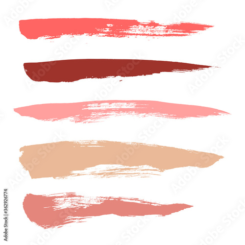 Makeup strokes, Set of lipstick swatches, Beauty and cosmetic nude, pink and red brush smudges vector background. smear make up lines collection, liquid make up texture isolated on white.