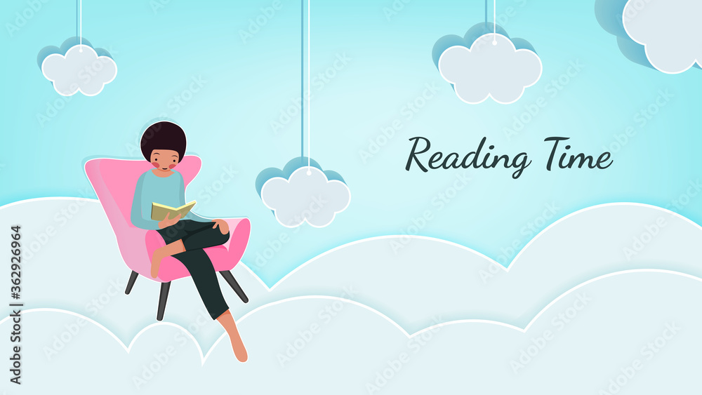Cute character reading book on armchair on sky, abstract cloud background with drop shadow, soft pastel color, paper cut and craft style, Concept, relaxing color & atmosphere ,vector illustration