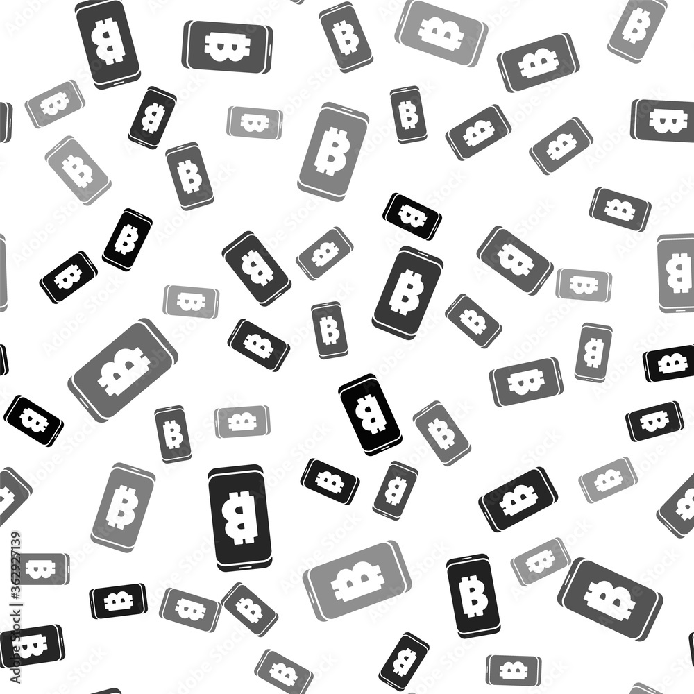 Black Mining bitcoin from mobile icon isolated seamless pattern on white background. Cryptocurrency mining, blockchain technology service. Vector. Black Mining bitcoin from mobile icon isolated seamless pattern on white background. Cryptocurrency mining, blockchain technology service. Vector.