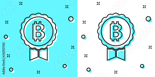 Black line Cryptocurrency coin Bitcoin icon isolated on green and white background. Physical bit coin. Blockchain based secure crypto currency. Random dynamic shapes. Vector.