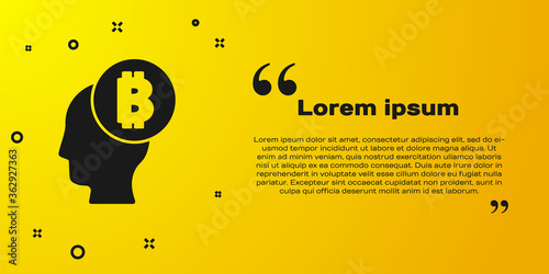 Black Bitcoin think icon isolated on yellow background. Cryptocurrency head. Blockchain technology, digital money market, cryptocoin wallet. Vector.