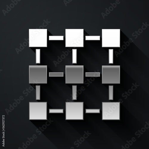 Silver Blockchain technology icon isolated on black background. Cryptocurrency data. Abstract geometric block chain network technology business. Long shadow style. Vector.