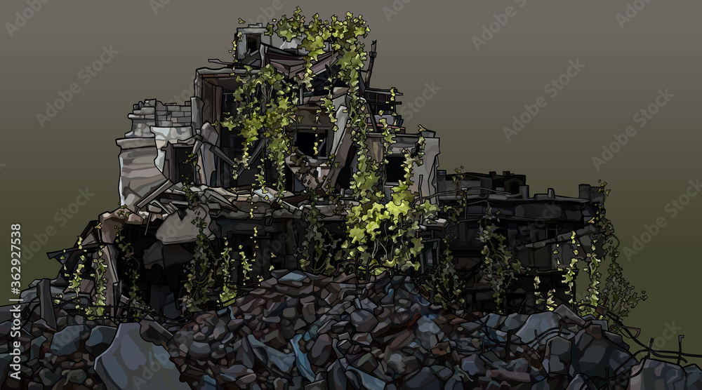 dilapidated building overgrown with green plants in a pile of debris - obrazy, fototapety, plakaty 