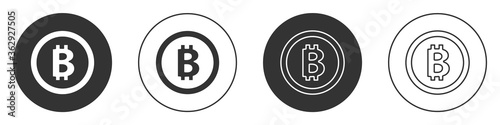 Black Cryptocurrency coin Bitcoin icon isolated on white background. Physical bit coin. Blockchain based secure crypto currency. Circle button. Vector.
