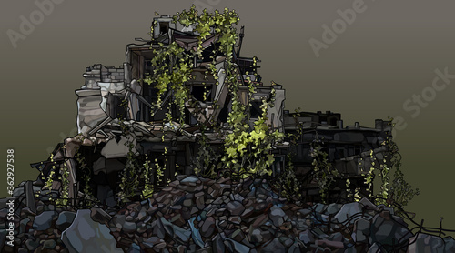 dilapidated building overgrown with green plants in a pile of debris