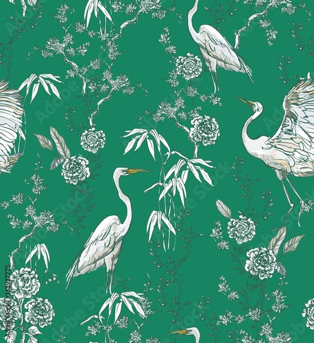Wallpaper Mural Chinoiserie Crane Birds in Floral Trees, Exotic Wallpaper Oriental Design, Chinese Blooming Garden White Flowers on Green Background Seamless Pattern Torontodigital.ca