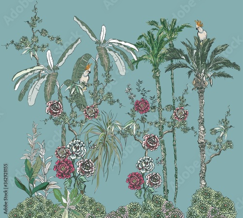Wallpaper Mural Floral Garden on Island, Group of Flower Trees and Palms, Chinese Tropical Wallpaper, Oriental Hand Drawn Illustration Torontodigital.ca