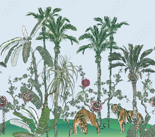 Oriental Tropical Trees Wallpaper Mural, Tiger in Exotic Trees Seamless Border, Wildlife in Jungle Floral Botanicals Banana Leaves