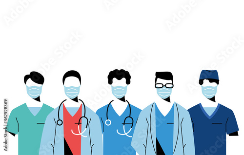 Young professional doctors wearing face masks