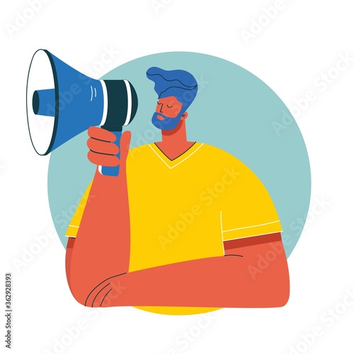 Digital promotion and advertisement visualization concept illustration. Man with speaker on a monitor.