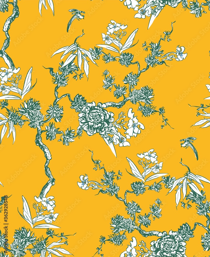 custom made wallpaper toronto digitalYellow Chinoiserie Vintage Wallpaper Blooming Floral Trees with Little Birds, Chinese Exotic Design Flower Trees Roses and Leaves Seamless Patternd White on Yellow Background