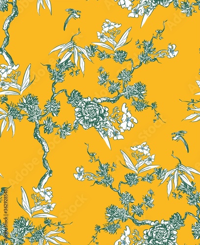 Yellow Chinoiserie Vintage Wallpaper Blooming Floral Trees with Little  Birds, Chinese Exotic Design Flower Trees Roses and Leaves Seamless  Patternd White on Yellow Background Stock Vector | Adobe Stock