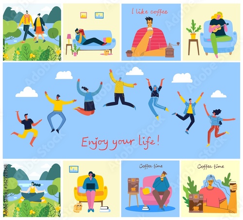 Enjoy your life. Concept of young people jumping on blue background and enjoing the coffee, playing guitar, doing yoga and spending time in the park.