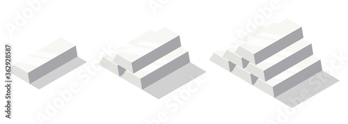 Isometric silver bars set. Silver bricks or ingot isolated